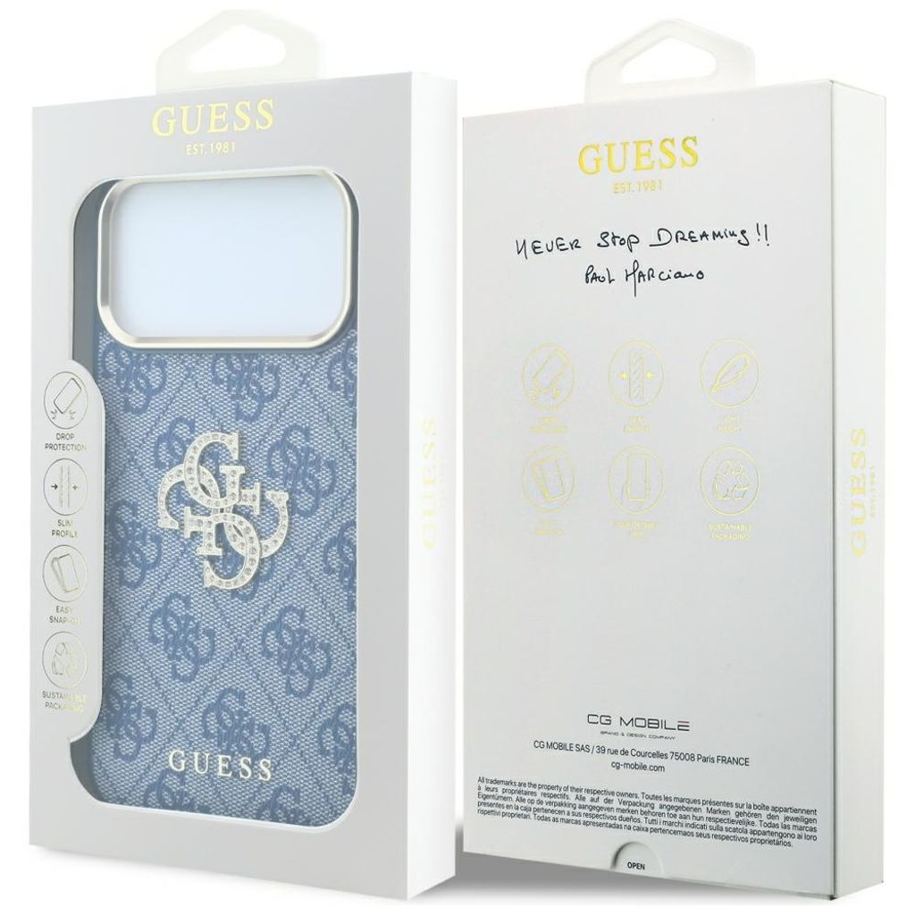 Guess Big Strass Logo 4G -kuori iPhone 18 Pro/17 Pro:lle - Sininen