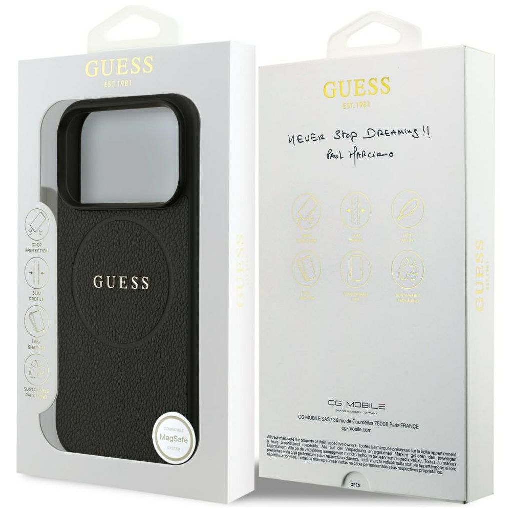 Guess Grained Gold Ring MagSafe -kuori  iPhone 18 Pro Max/17 Pro Max:lle - Musta