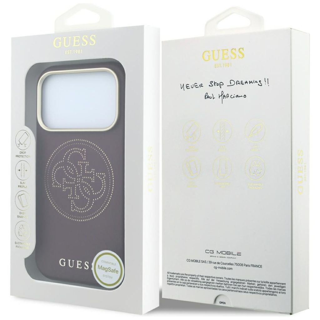 Guess Perforated 4G Gold Logo Magsafe -kuori iPhone 18 Pro Max:lle - Burgundi