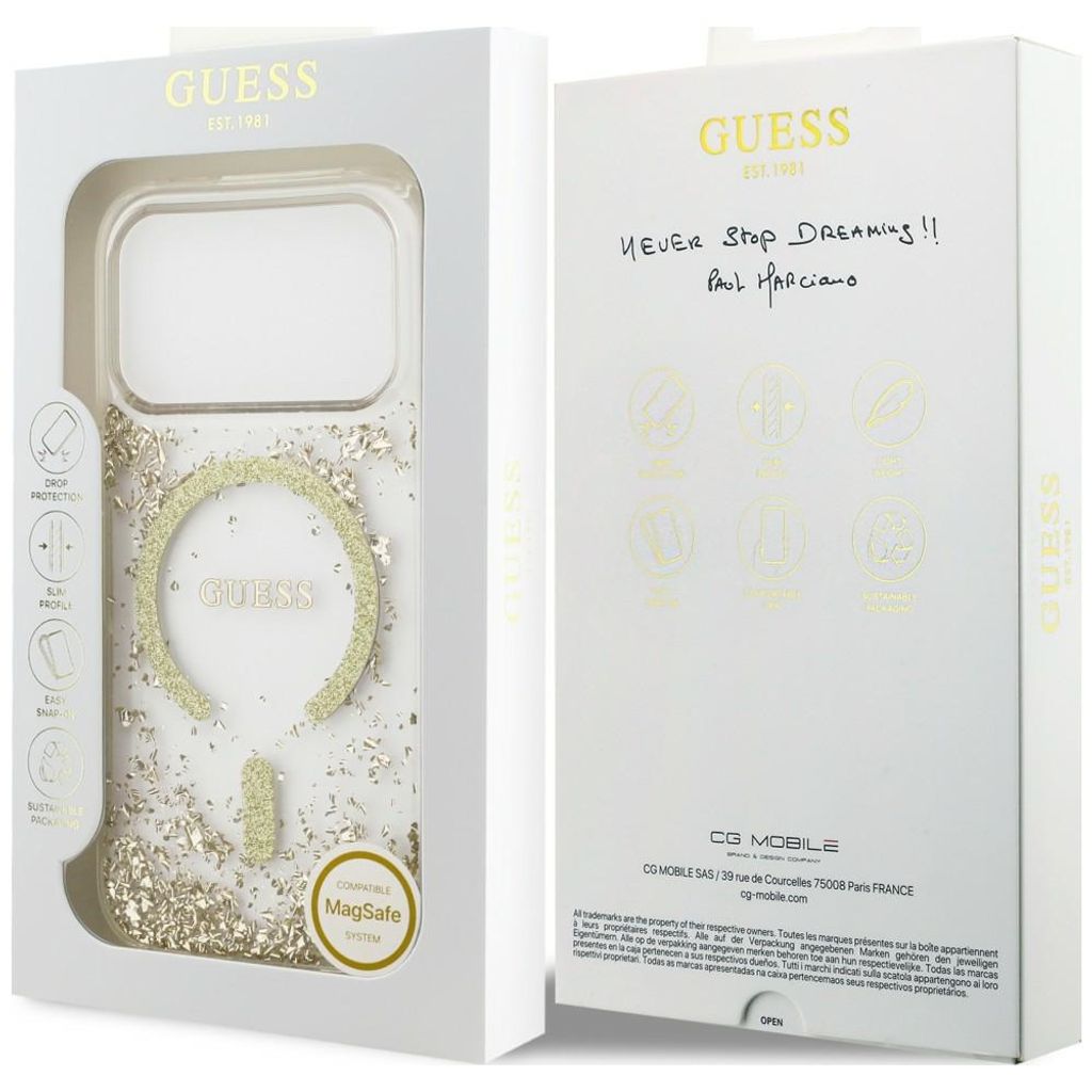 Guess Resin Glitter MagSafe -kuori iPhone 18 Pro Max:lle - Kulta