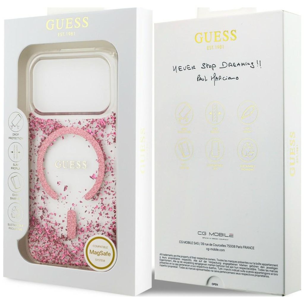 Guess Resin Glitter MagSafe -kuori  iPhone 18 Pro Max:lle - Vaaleanpunainen