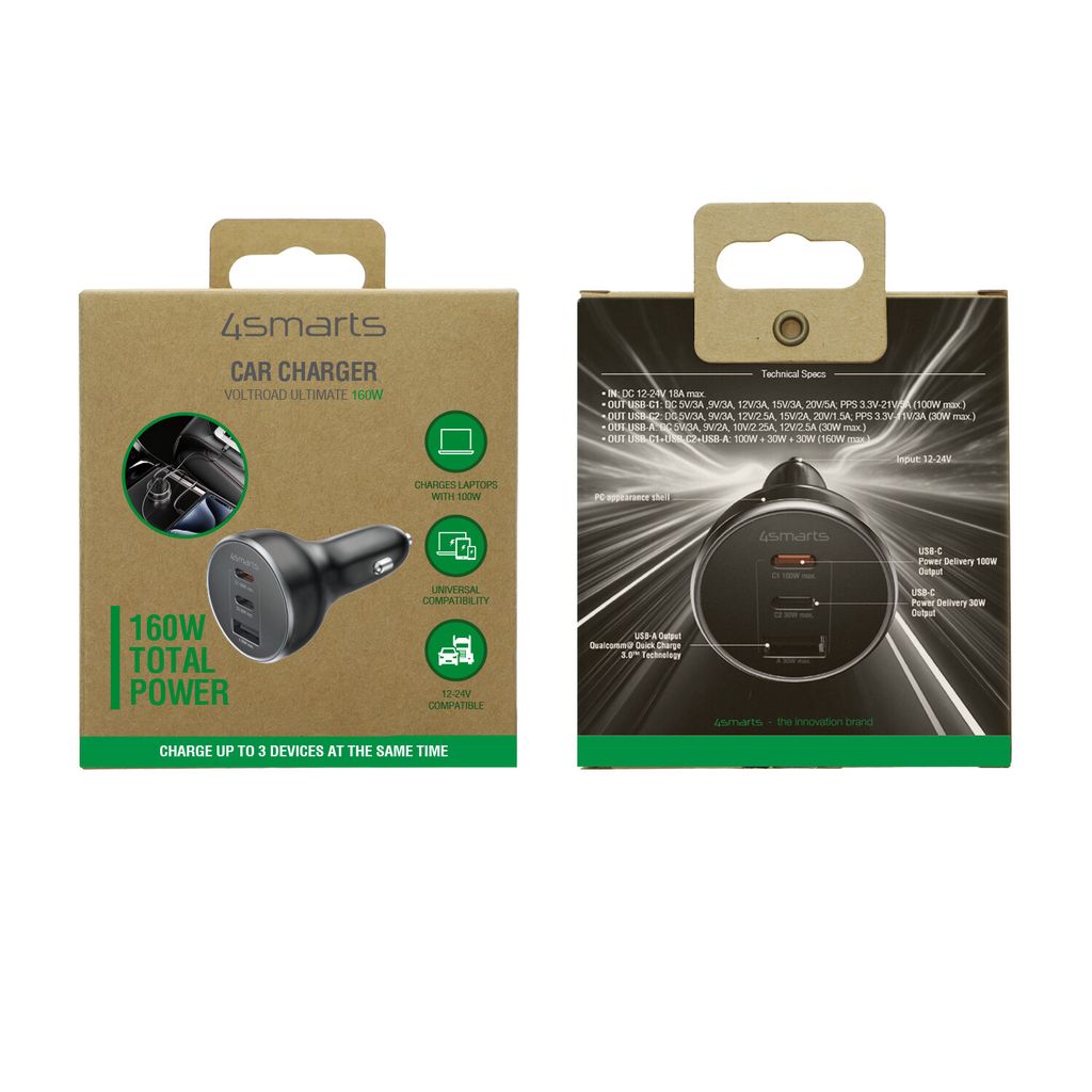 4Smarts VoltRoad Ultimate Biloplader 160W USB-C/USB-A - Sort