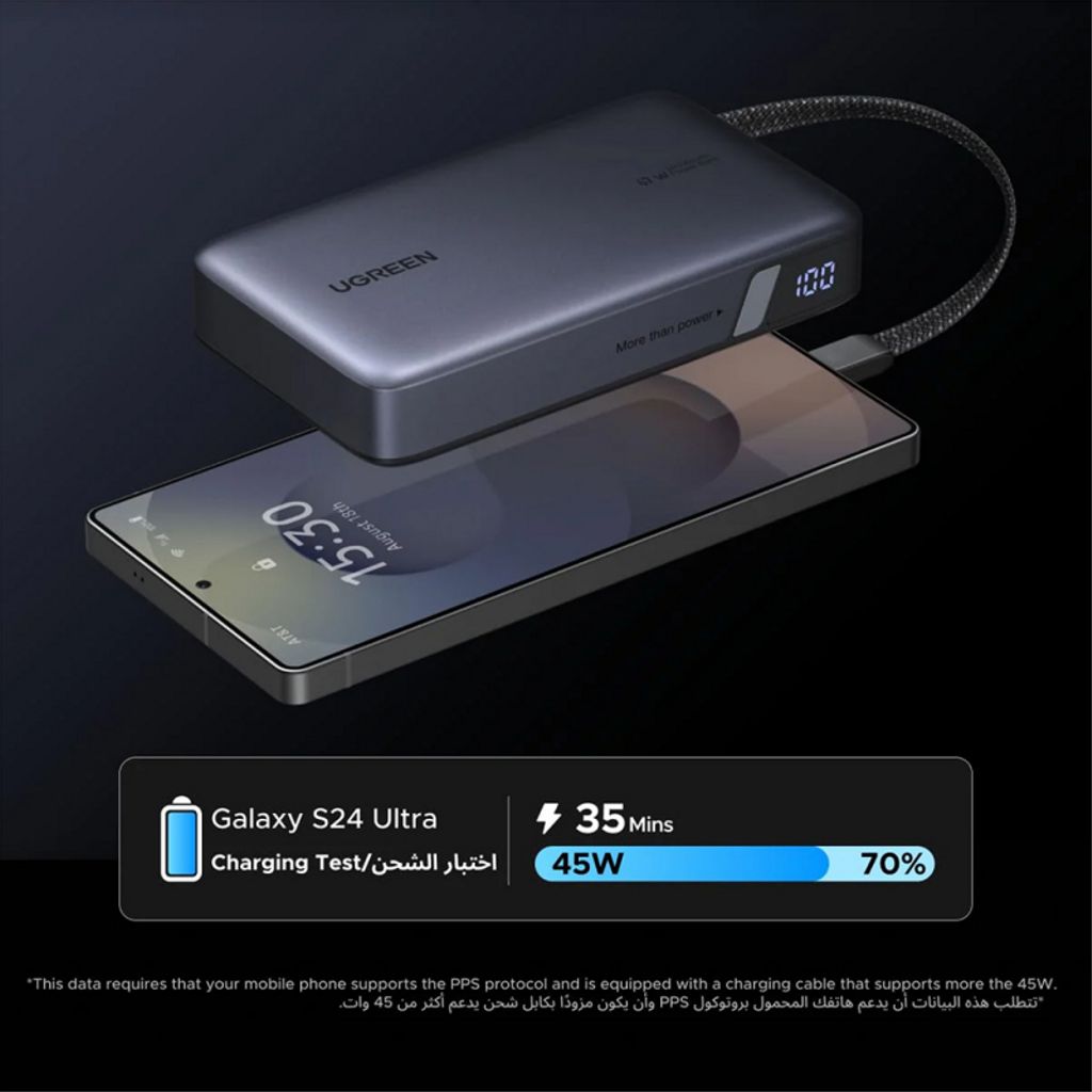 UGREEN Powerbank 20000mAh, 67W, QC + PD med innebygd USB-C-kabel – Grå