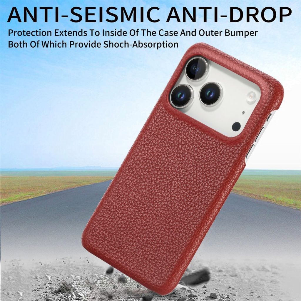 iPhone 17 Pro Max Deksel PU-lær Litchi-mønster - Rød
