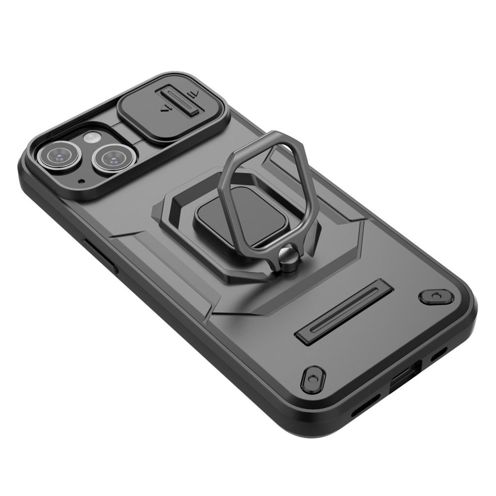 iPhone 14 Cover med kameralinsebeskyttelse og stativ – Sort