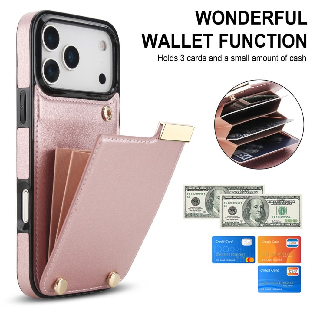 iPhone 18 Pro/17 Pro Cover TPU+PU Læder Kortholder Metal - Rose guld
