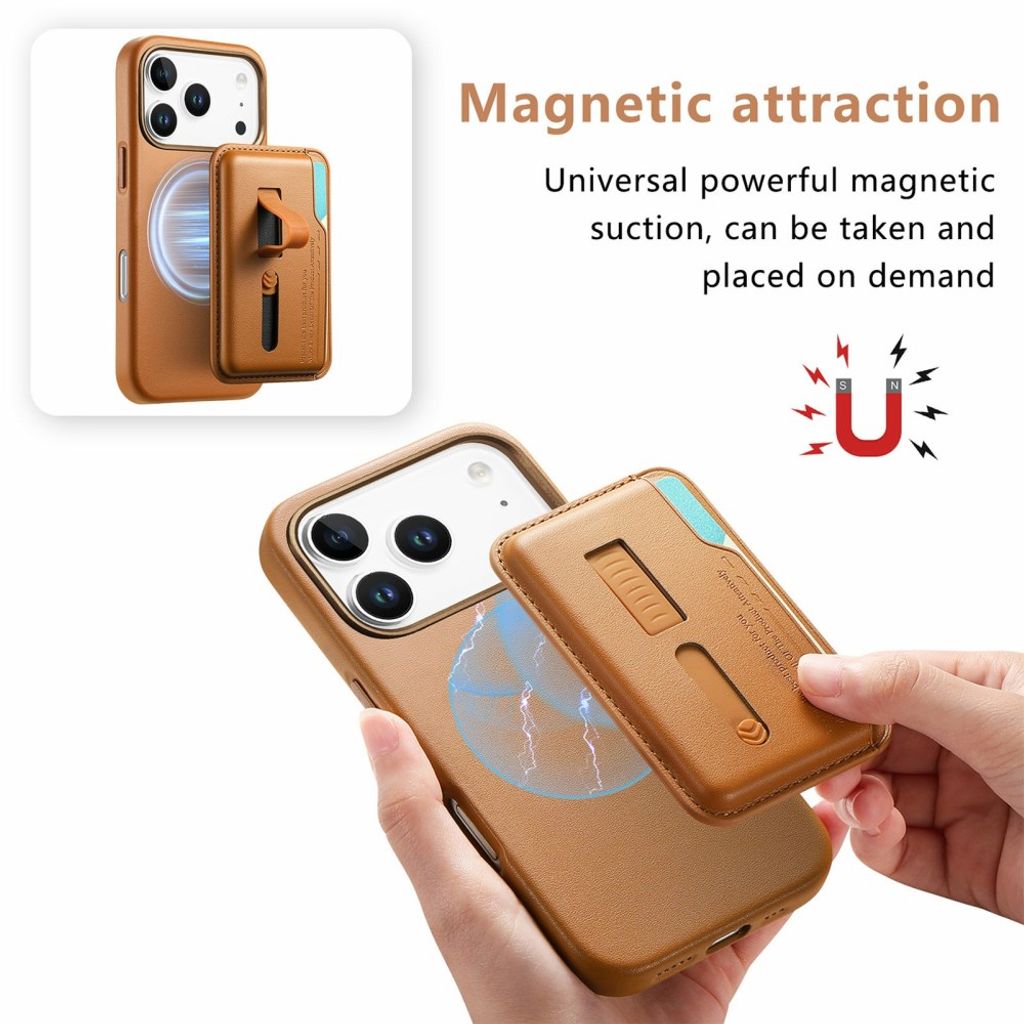 iPhone 18 Pro Max/17 Pro Max Magsafe-deksel med avtakbar kortholder og fingerstropp – brun