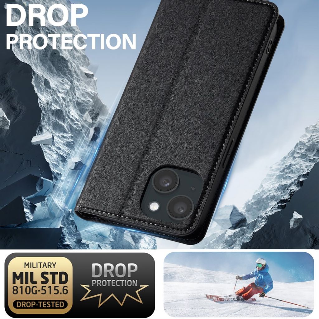 LC.IMEEKE iPhone 15 Wallet Cover Stand PU Leather - Black