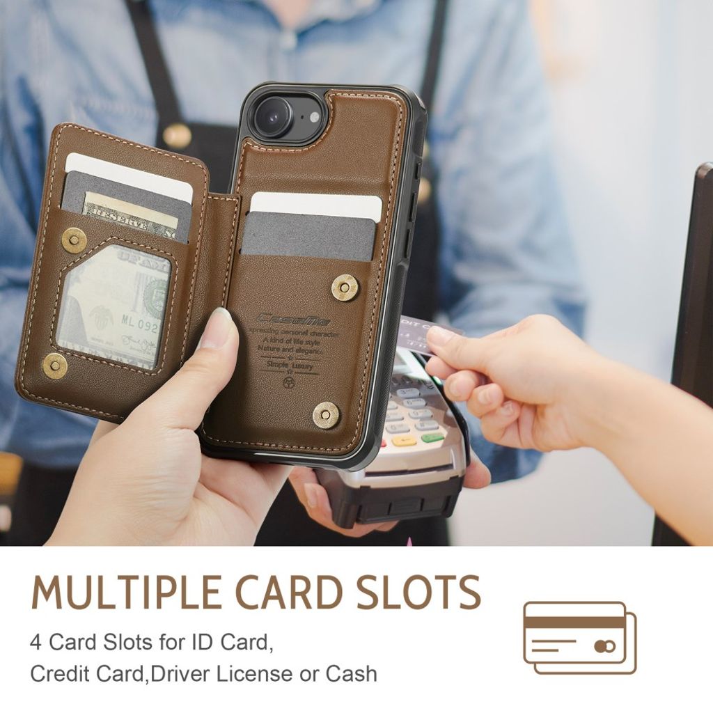 CASEME C22 Wallet Case with RFID Blocking for iPhone 16e – Brown