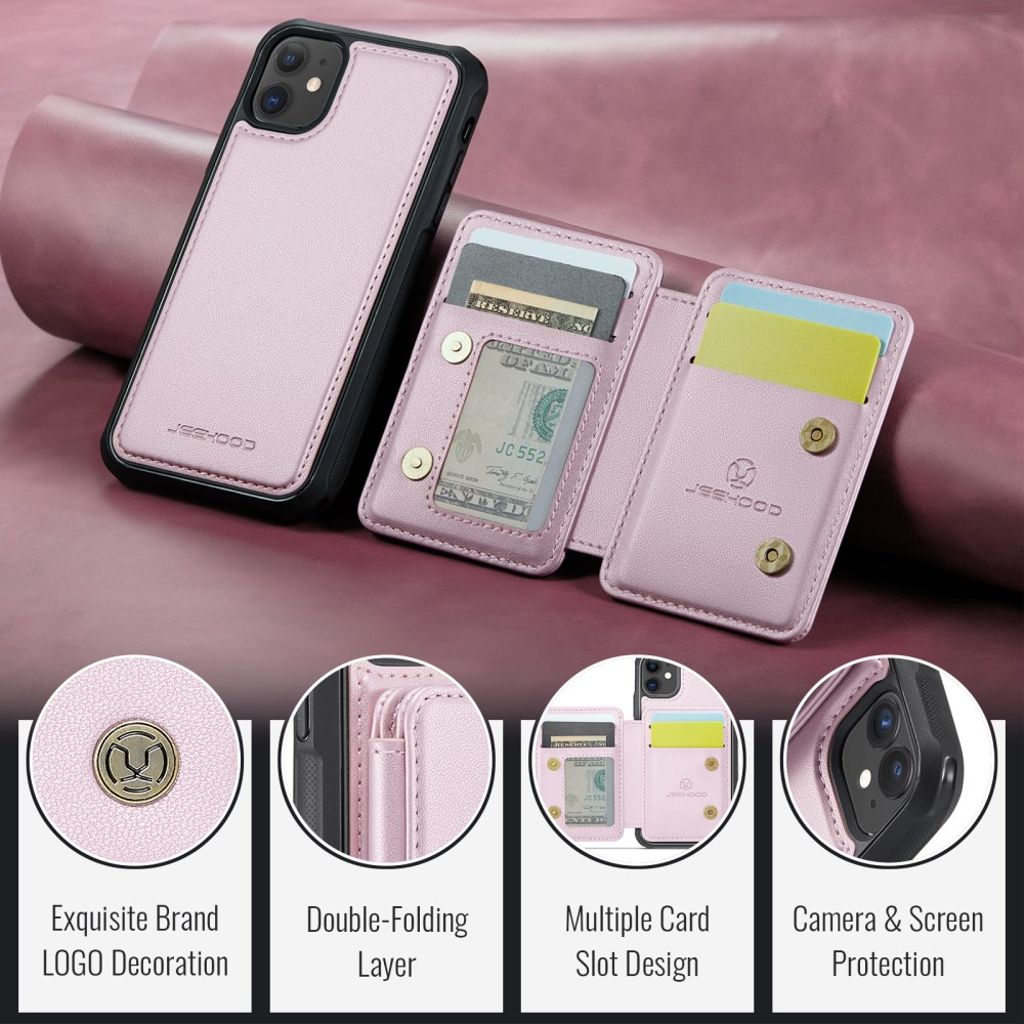 JEEHOOD iPhone 11 Lompakkokuori irrotettavalla kortin haltijalla – Vaaleanpunainen