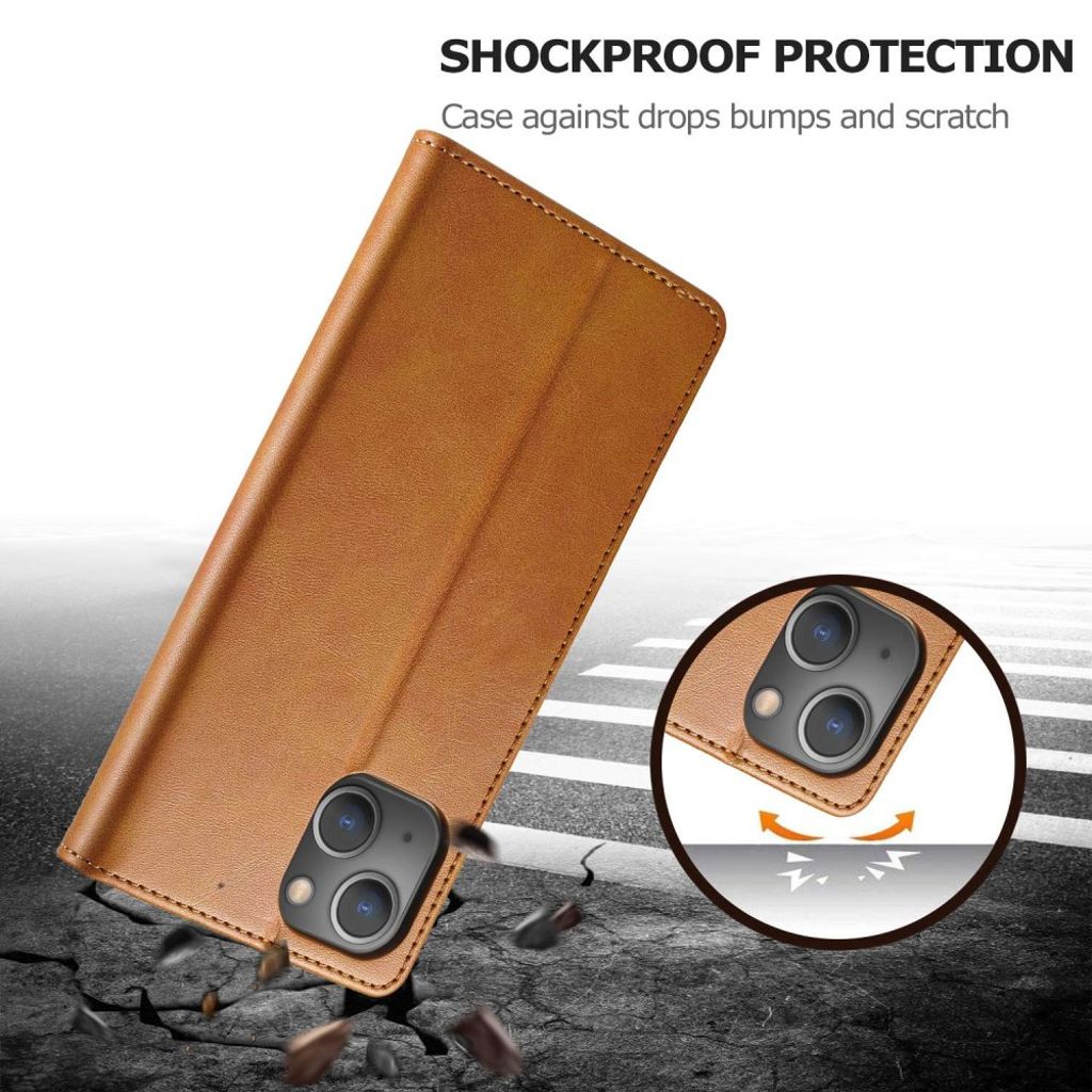 LC.IMEEKE iPhone 14 Pungetui med stativ – Lysebrun