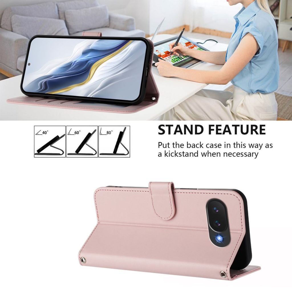 Google Pixel 10a Plånboksfodral Stativ med Handledsrem - Rosa