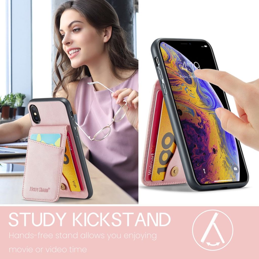 Fierre Shann iPhone XS Max Pungcover med Stativ og Kortholder – Lyserød