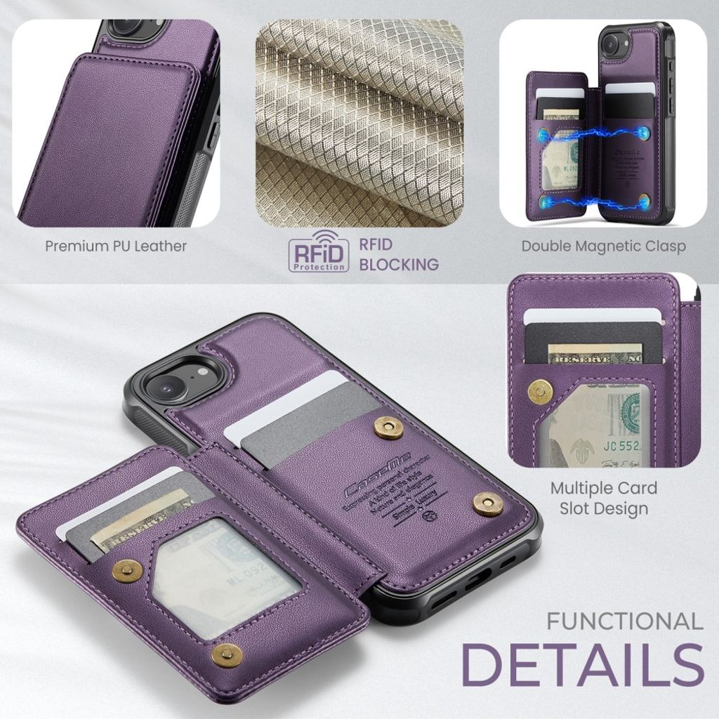 CASEME C22 Wallet Case with RFID Blocking for iPhone 16e – Purple