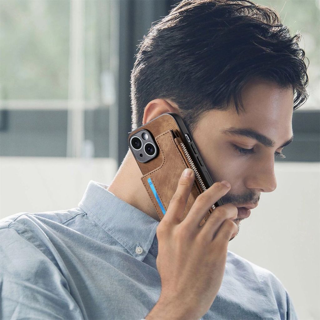 iPhone 14 Cover med Kortholder og Stativ - Brun