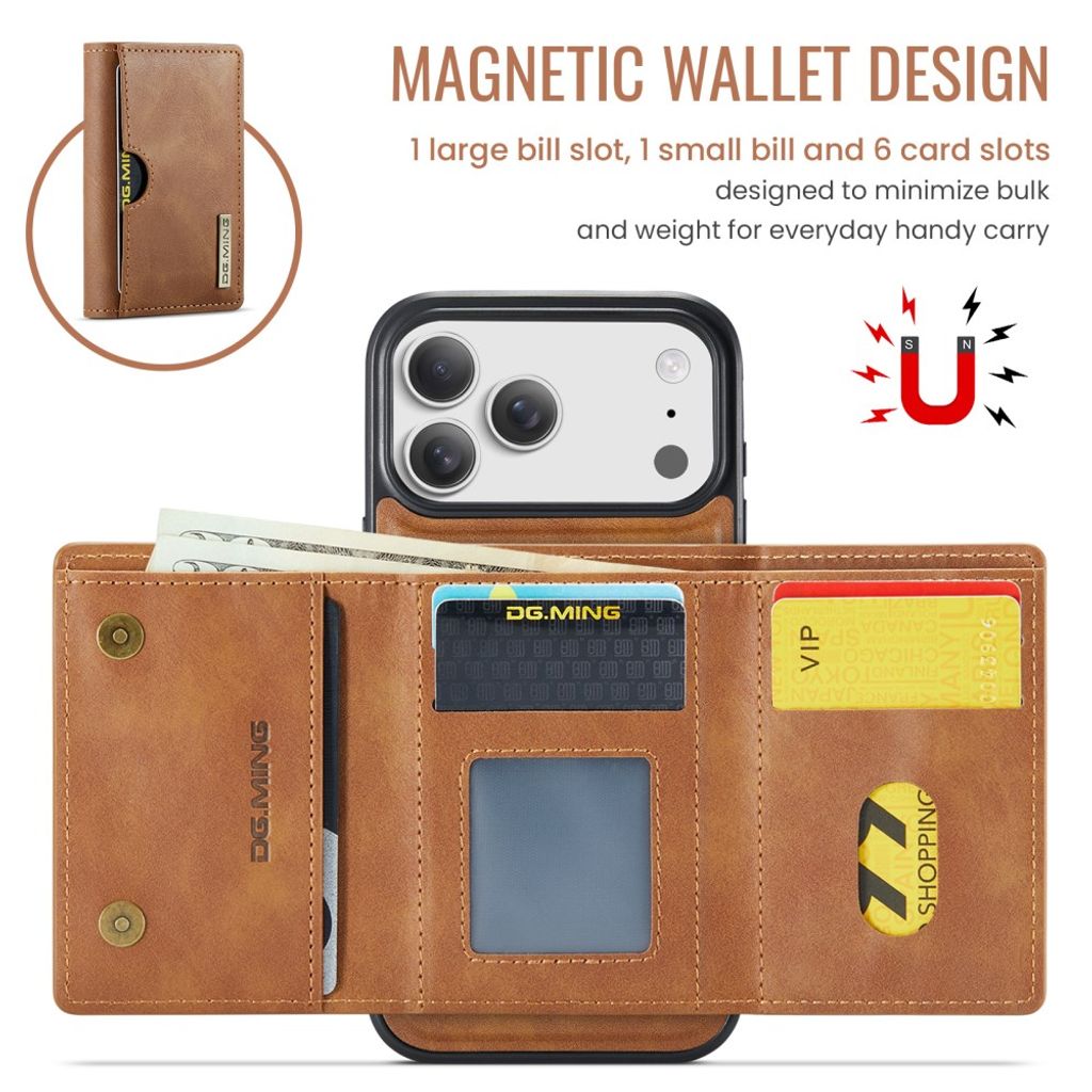 DG.MING iPhone 18 Pro/17 Pro Deksel med Magnetisk Lommebok - Lysbrun
