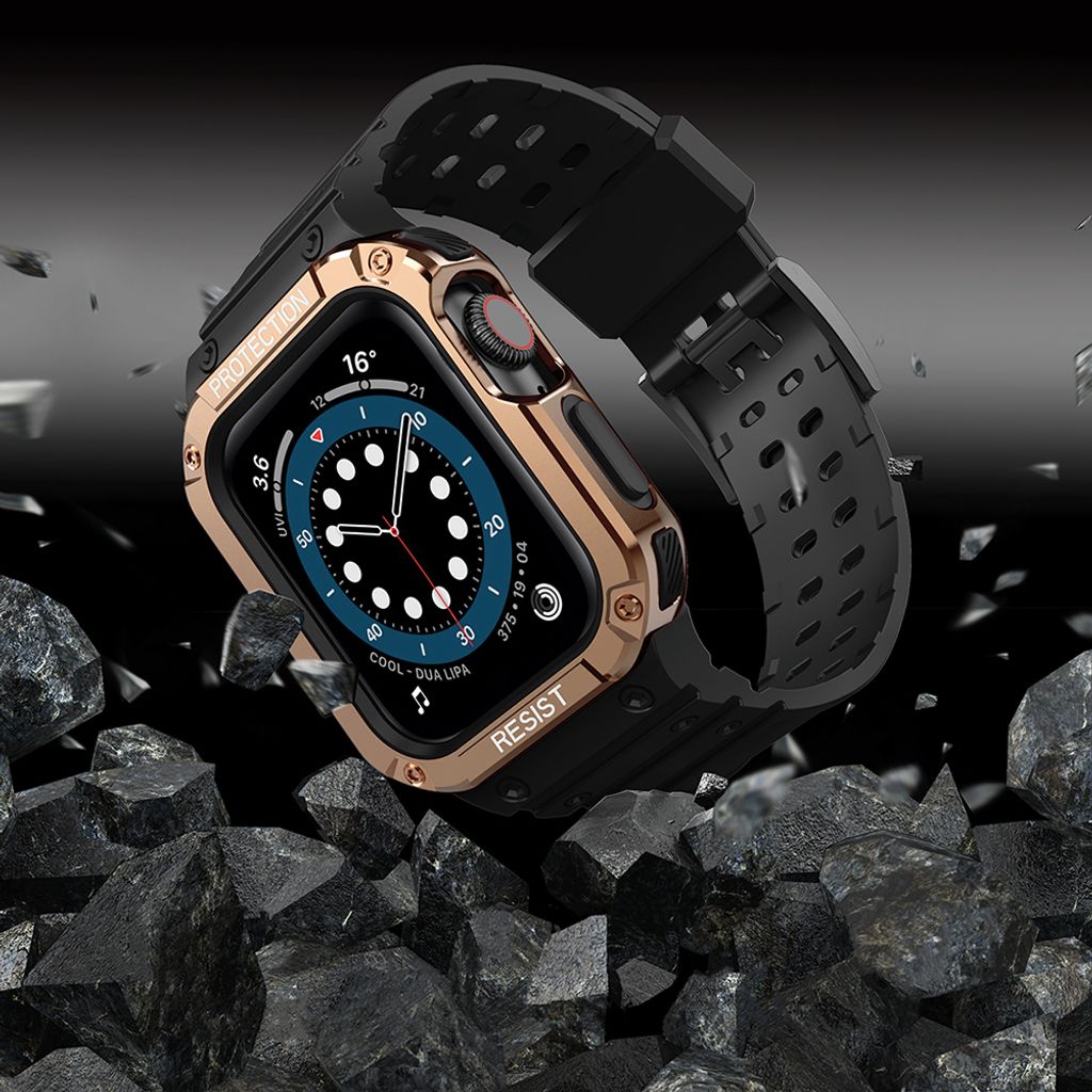 Protect Armored Kuori & Kellonranneke Apple Watch 42/44/45mm  - Musta/Ruusu kultaa