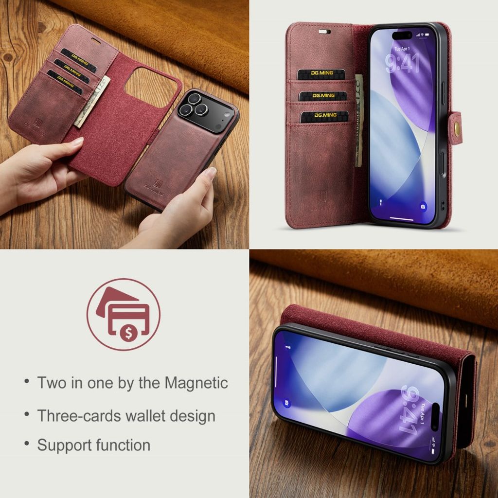 DG.MING iPhone 18 Pro Max/17 Pro Max Etui med Avtakbar Lommebok - Rød