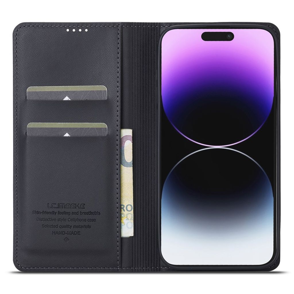 LC.IMEEKE iPhone 15 Pro Wallet Cover PU Leather Stand - Black