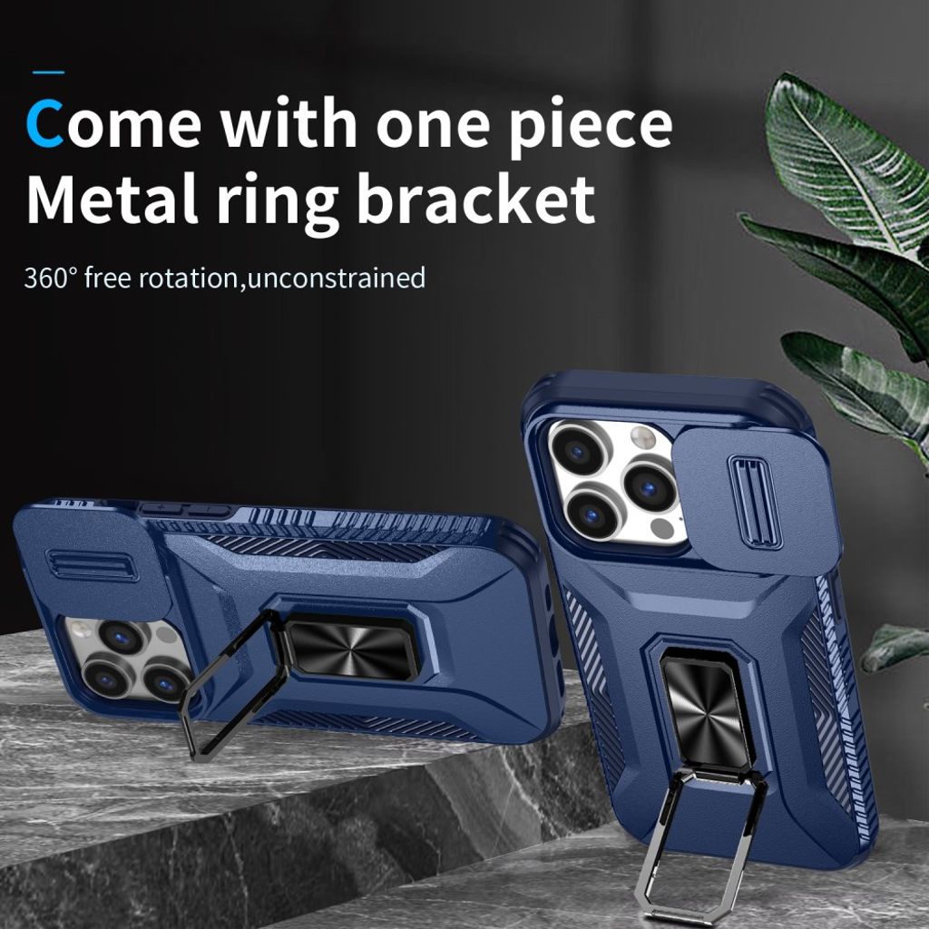 iPhone 14 Pro Cover med Stativ og Kamerabeskyttelse – Blå