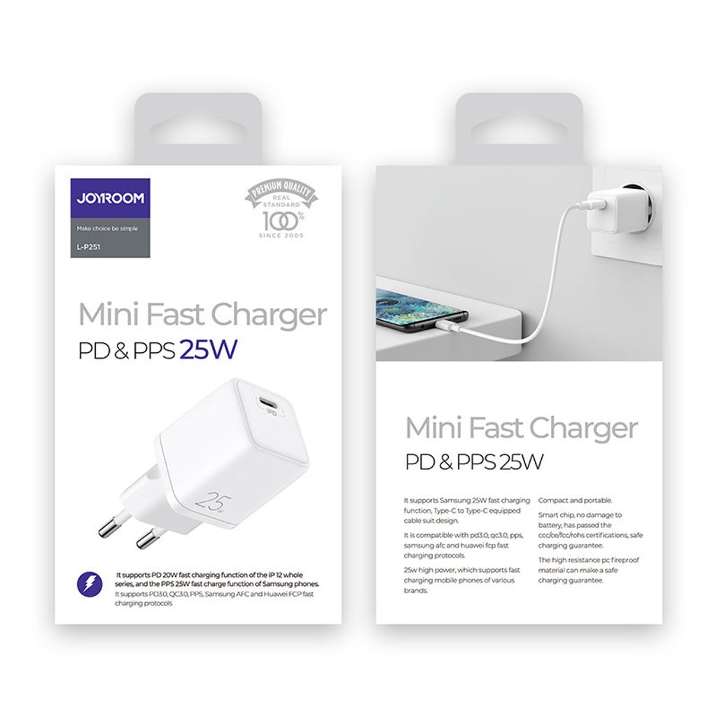 Joyroom snabb väggladdare USB-C 25W 3A vit