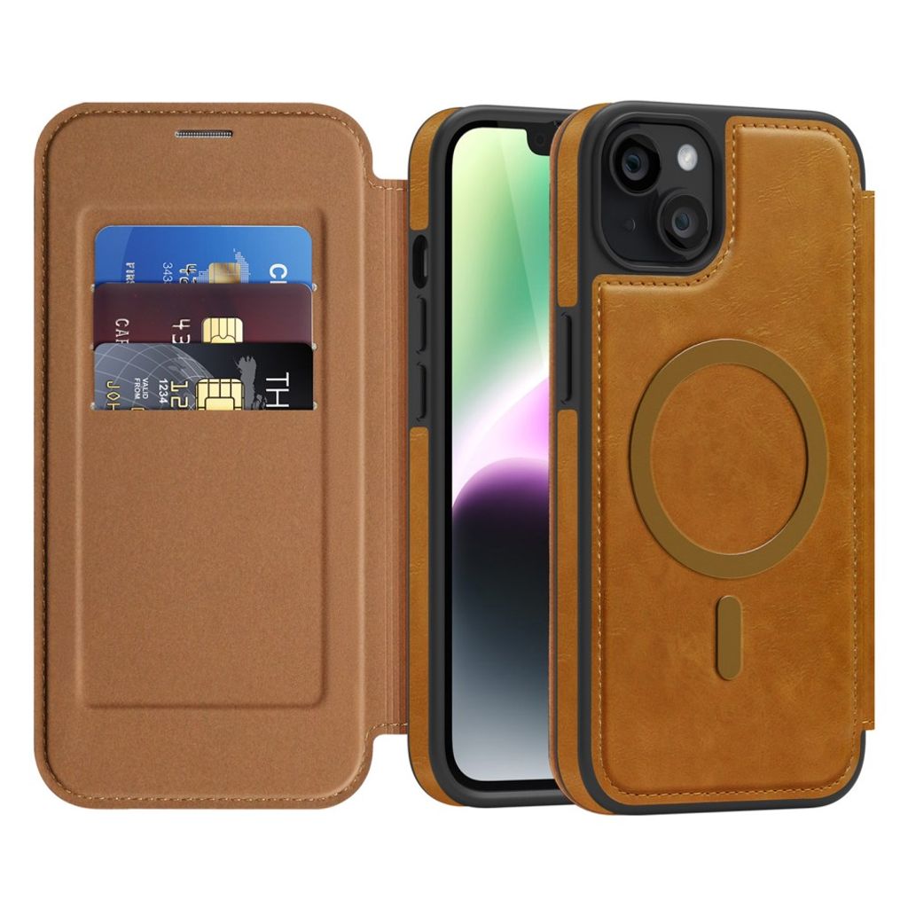 iPhone 14 Plus Plånboksfodral MagSafe RFID-blockerande Korthållare – Brun