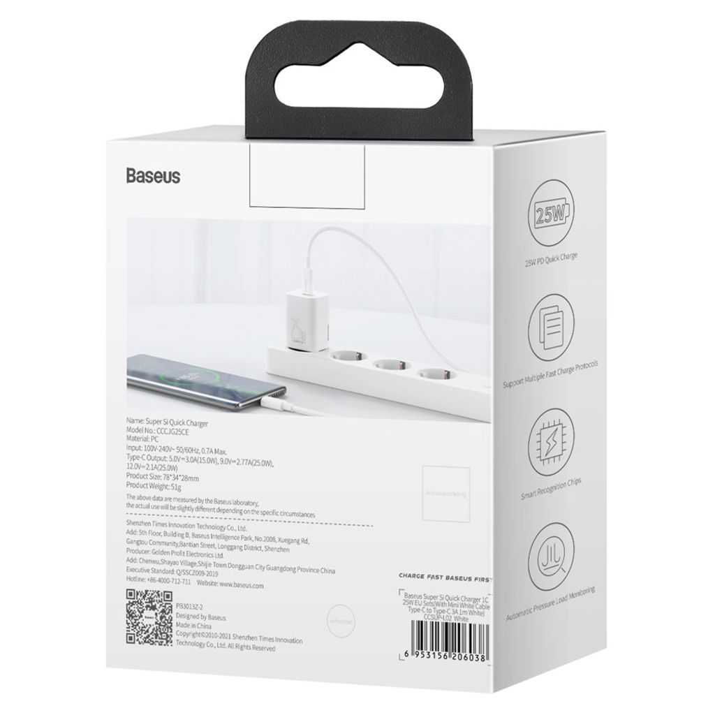 Baseus Super Si 1C vegglader USB Type C 25W PD Quick Charge hvit