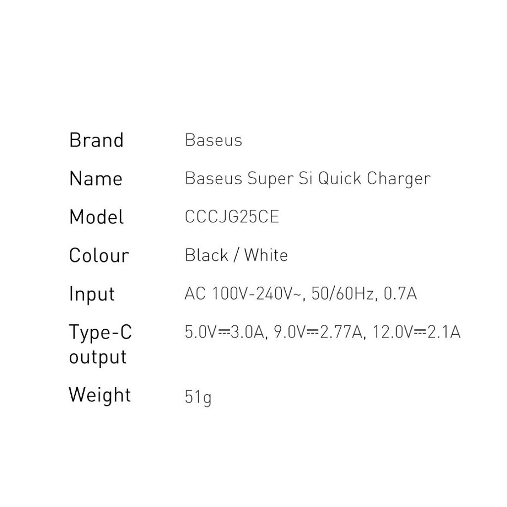 Baseus Super Si 1C vegglader USB Type C 25W PD Quick Charge hvit