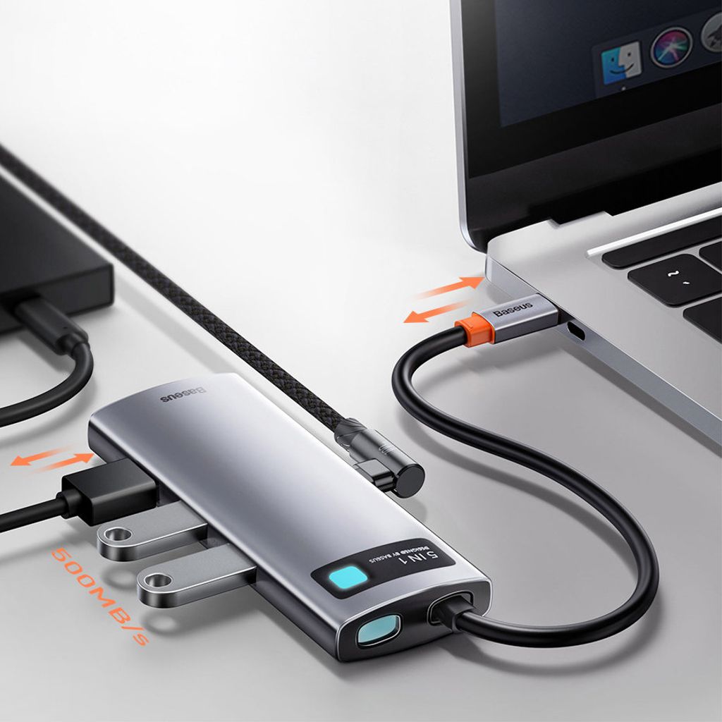 Baseus Metal Gleam Series 5-i-1 USB-C HUB dockingstation – grå