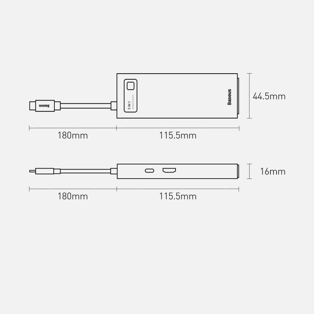 Baseus Metal Gleam Series 5-i-1 USB-C HUB dockingstation – grå