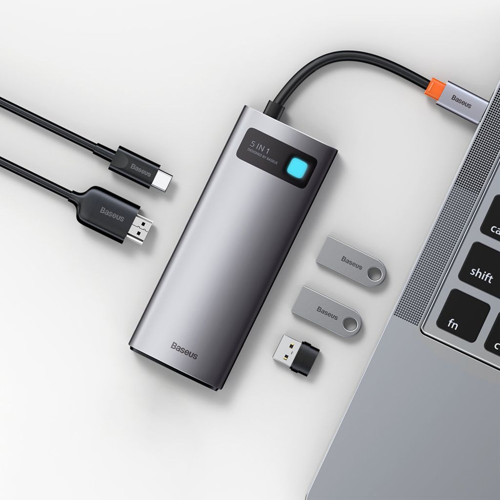 Baseus Metal Gleam Series 5-i-1 USB-C HUB dockingstation – grå
