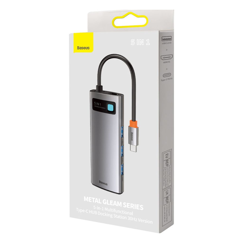 Baseus Metal Gleam Series 5-i-1 USB-C HUB dockingstation – grå