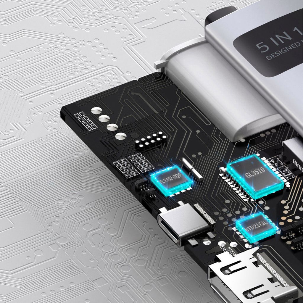 Baseus Metal Gleam Series 5-i-1 USB-C HUB dockingstation – grå