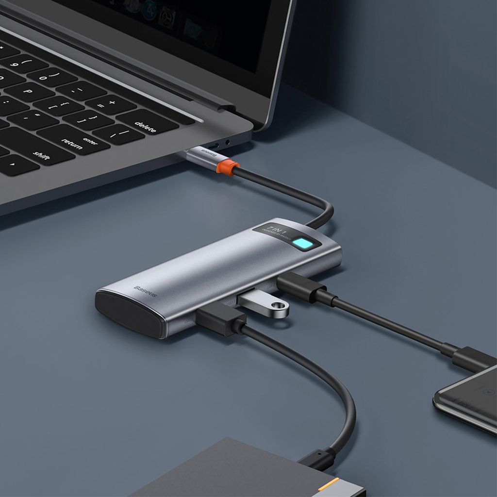 Baseus Metal Gleam Series 7-i-1 USB HUB Type-C – grå