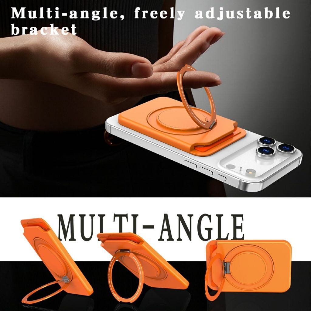 Magnetisk kortholder for mobiltelefon med ringstativ - oransje