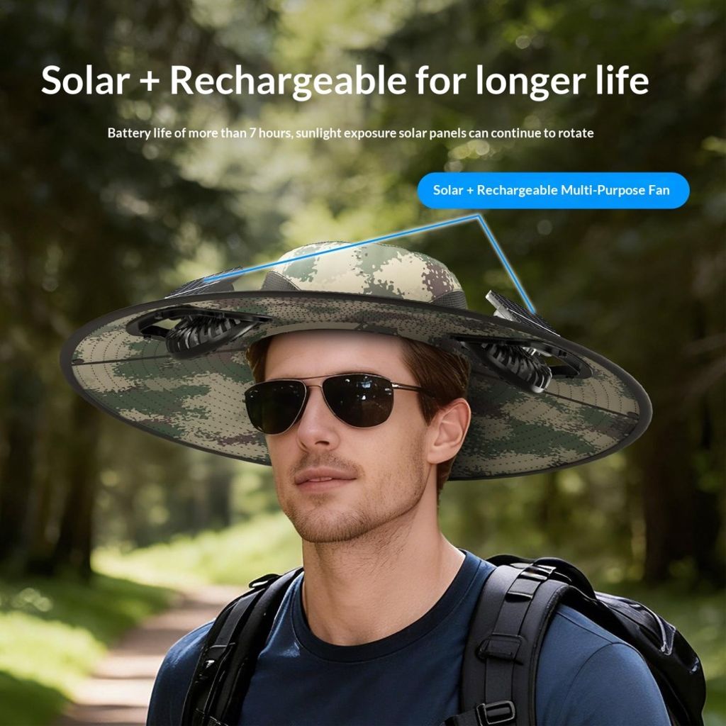 Solhatt med inbyggda soldrivna fläktar & UPF50+ UV-skydd – Kamouflagegrön