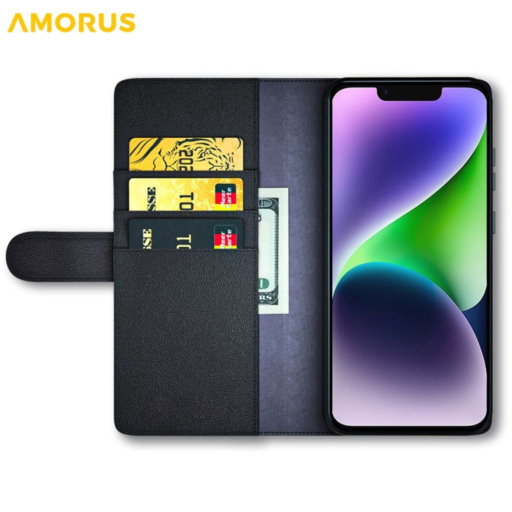 AMORUS iPhone 15 Wallet Cover Stand – Black