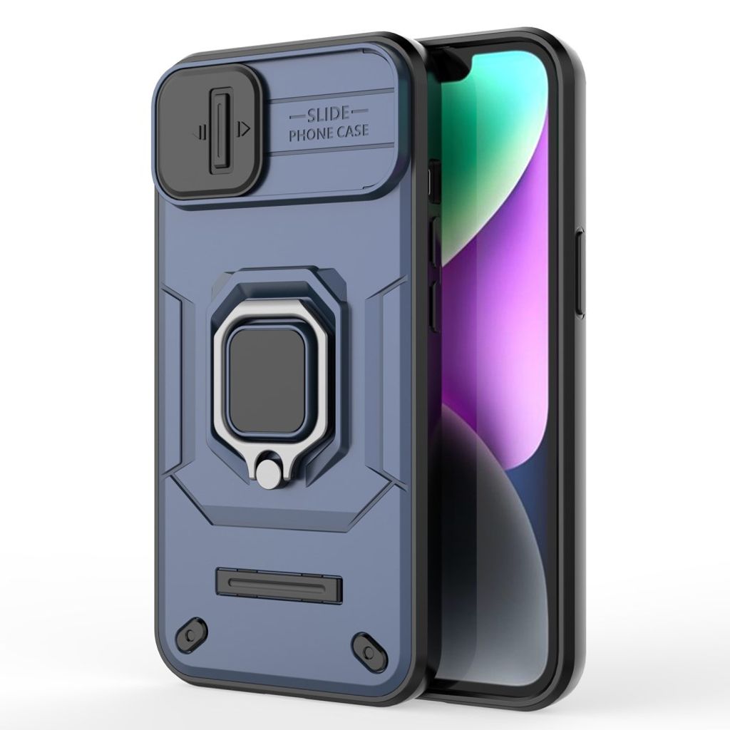 iPhone 14 Kuori kameran linssisuojalla ja jalustalla – Sininen