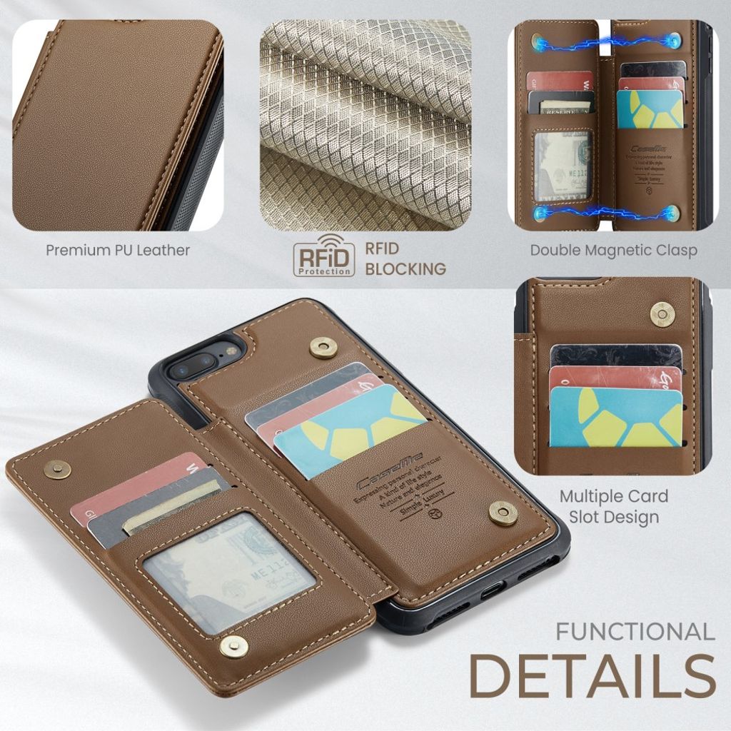 CASEME iPhone 6 Plus/6s Plus/7 Plus/8 Plus Kuori 5 Korttipaikka - Ruskea