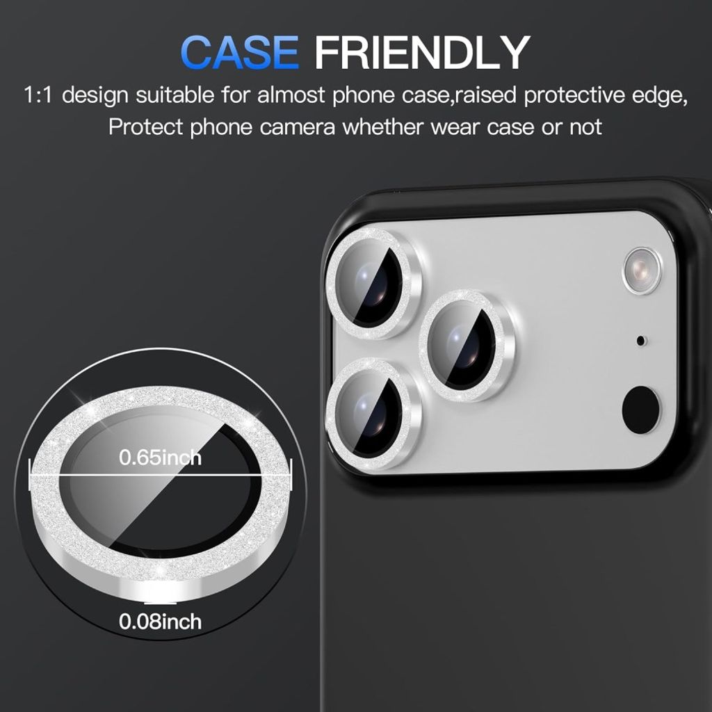 iPhone 18 Pro Linsskydd Metallring Härdat Glas Glitter - Silver