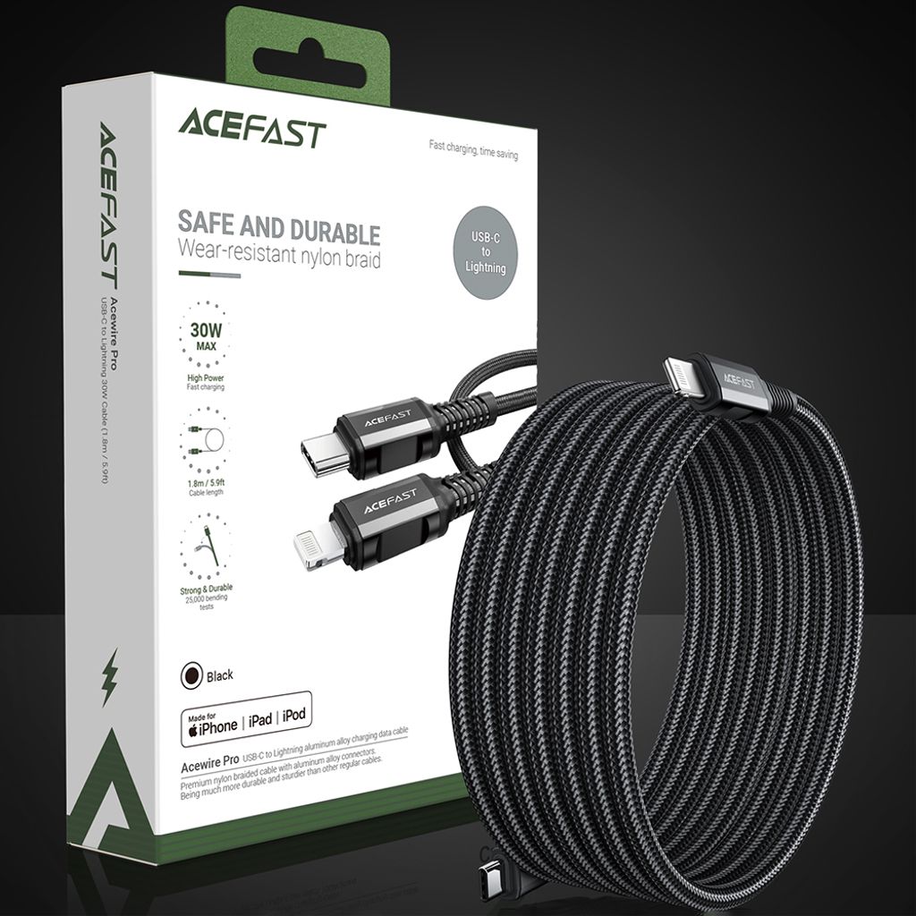 Acefast C4-01 Lightning til USB-C PD kabel 30W 1.8m sort