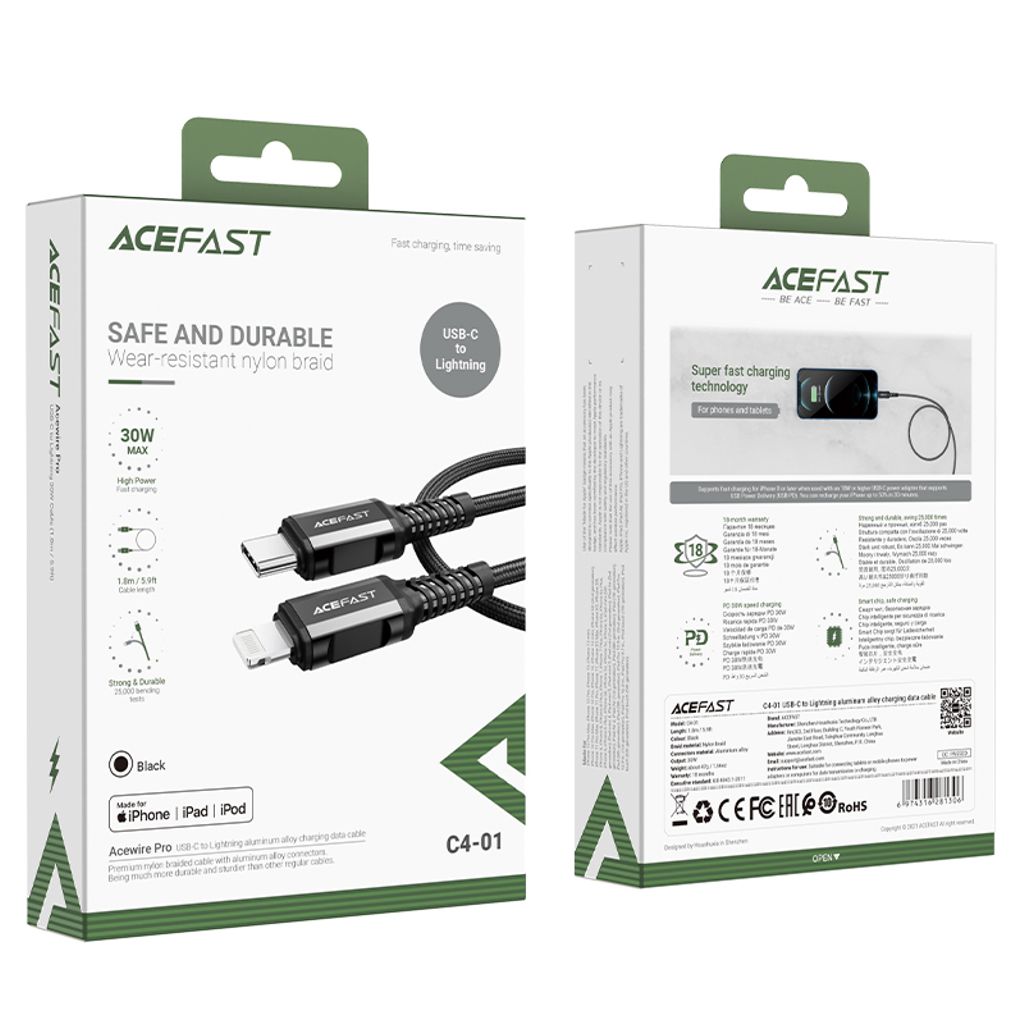 Acefast C4-01 Lightning til USB-C PD kabel 30W 1.8m sort