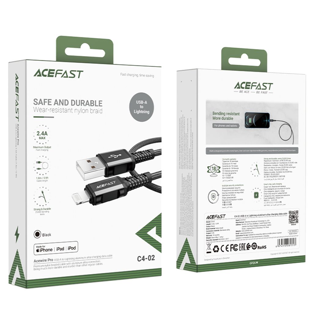 Acefast MFI USB–Lightning kabel 1.8m 2.4A svart