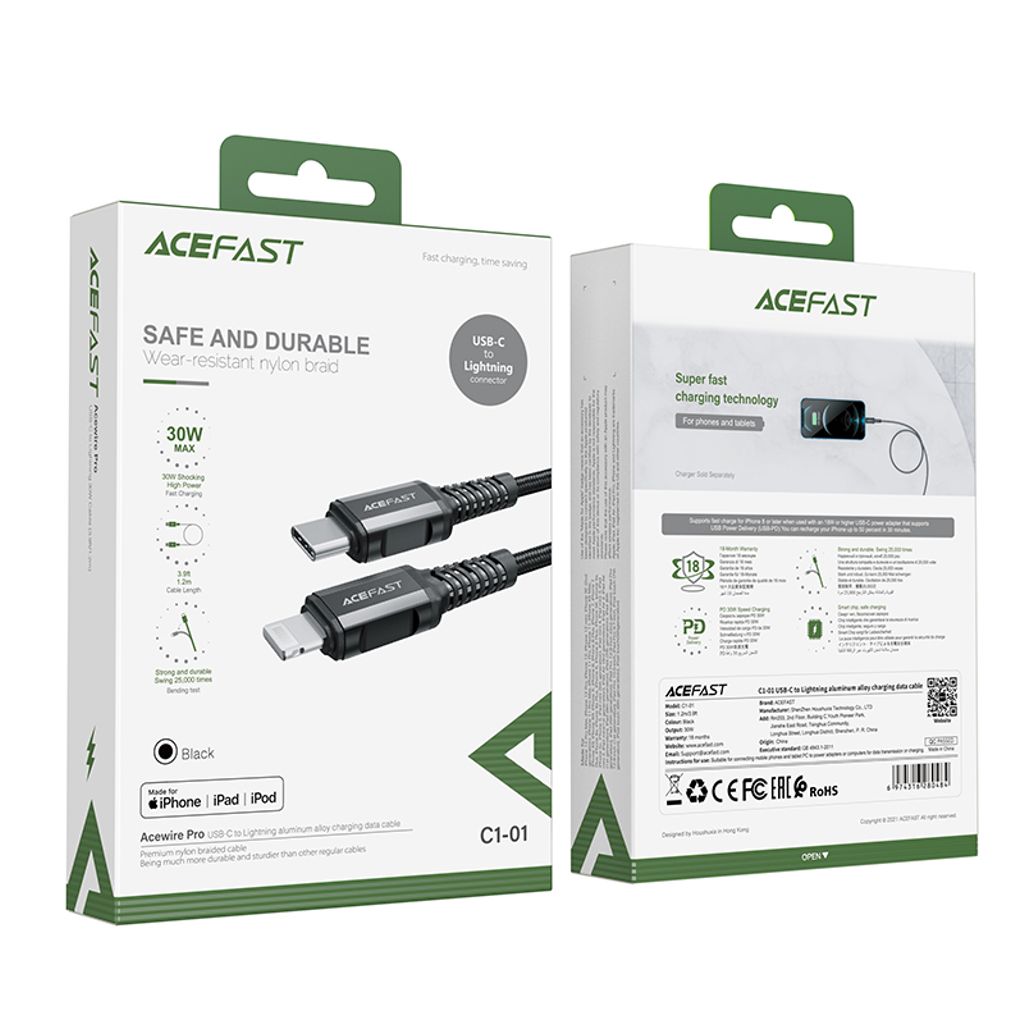 Acefast C1-01 Lightning – USB-C MFi PD -kaapeli 30W 3A 1,2m, musta