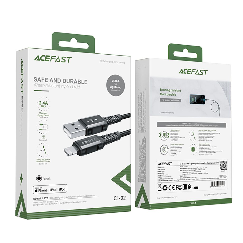 Acefast cable MFI USB - Lightning 1.2m, 2.4A svart