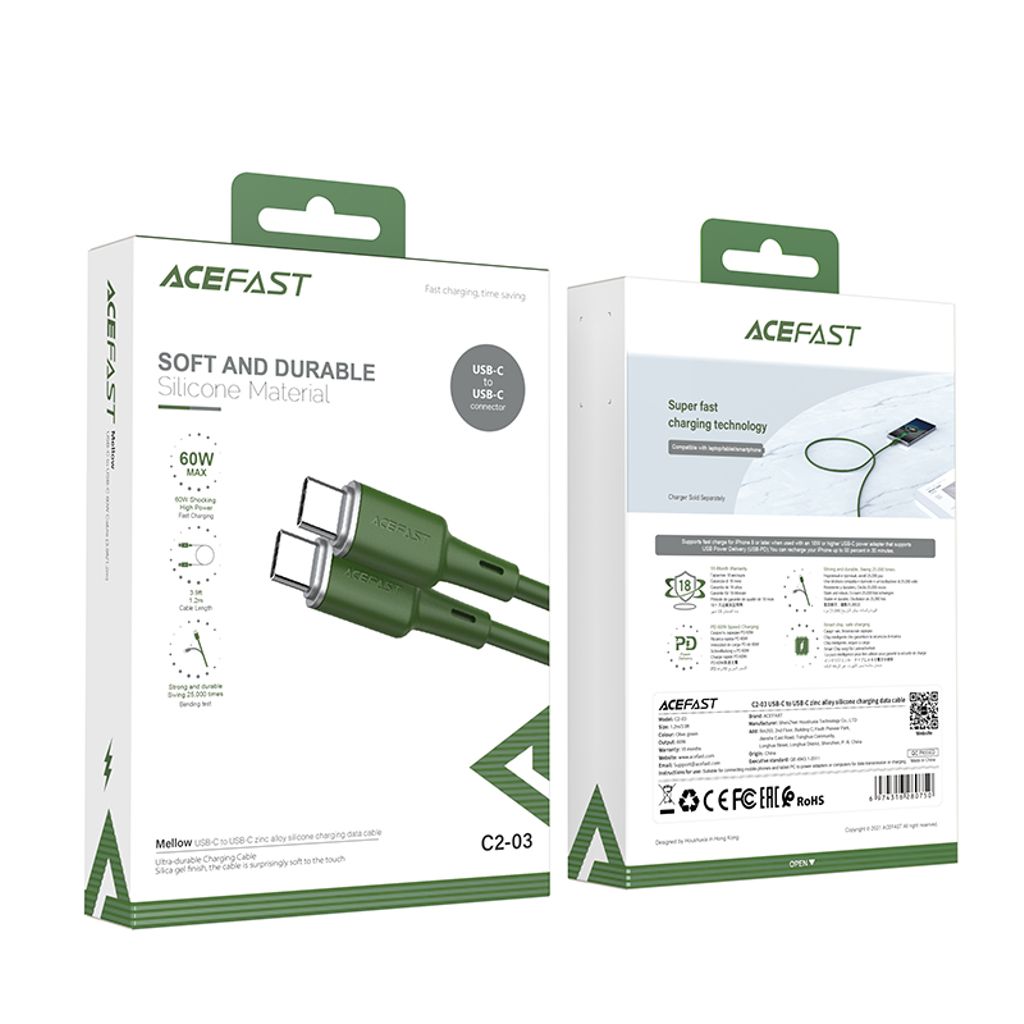 Acefast C2-03-CC USB-C til USB-C kabel 60W 3A 1.2m grøn