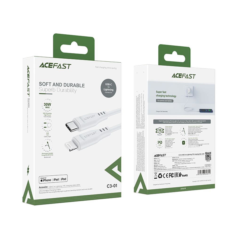 Acefast C3-01 Lightning til USB-C PD kabel 30W 3A 480Mb/s 1,2m - hvid