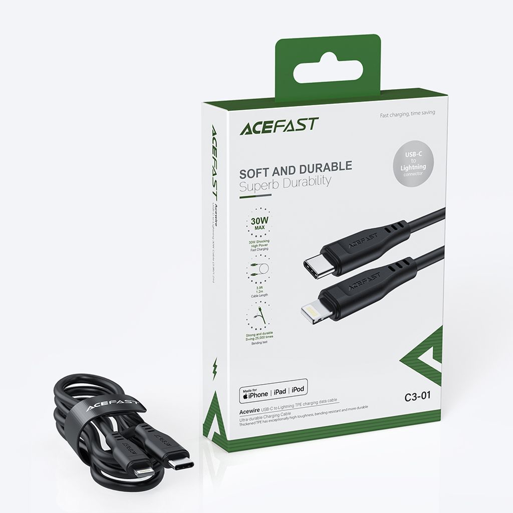 Acefast C3-01 Lightning til USB-C PD kabel 30W 3A 480Mb/s 1,2m - hvid
