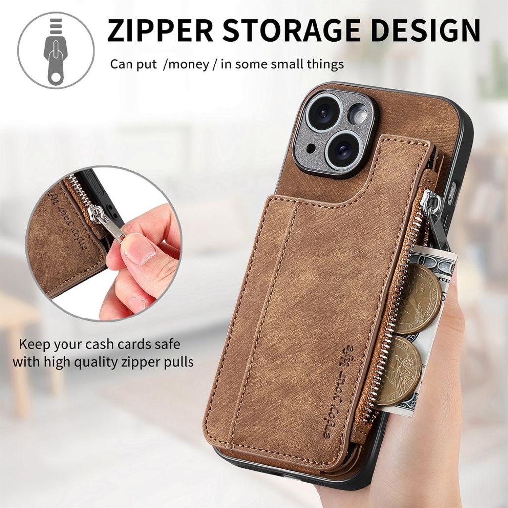 iPhone 14 Cover med Kortholder og Stativ - Brun