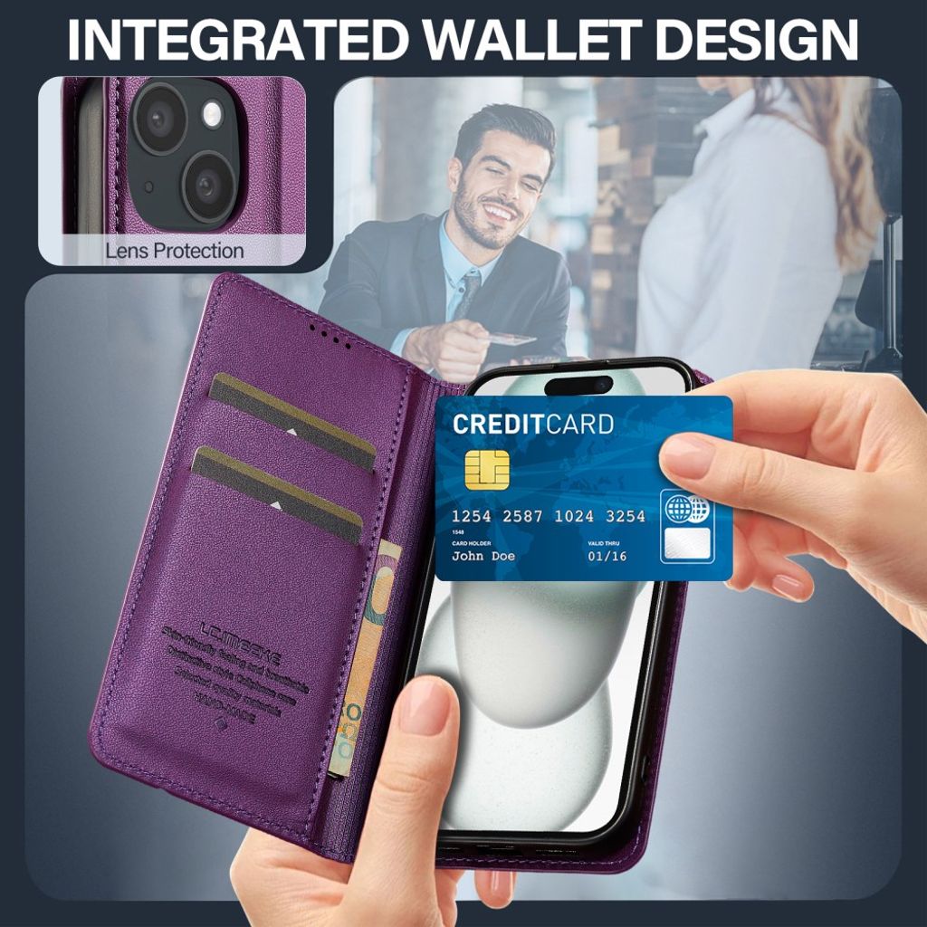 LC.IMEEKE iPhone 14/13 Lompakkokotelo Jalusta PU-nahka - Violetti